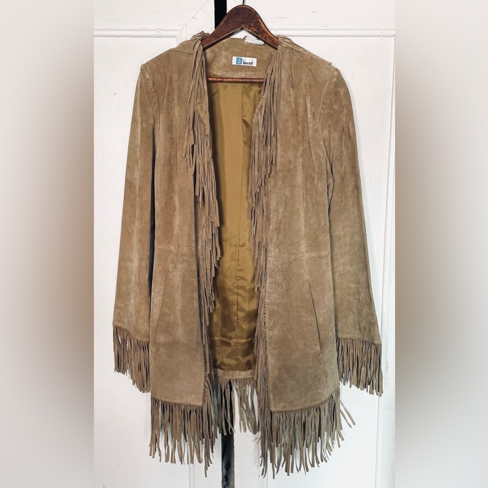 Vintage tan suede leather fringe coat M